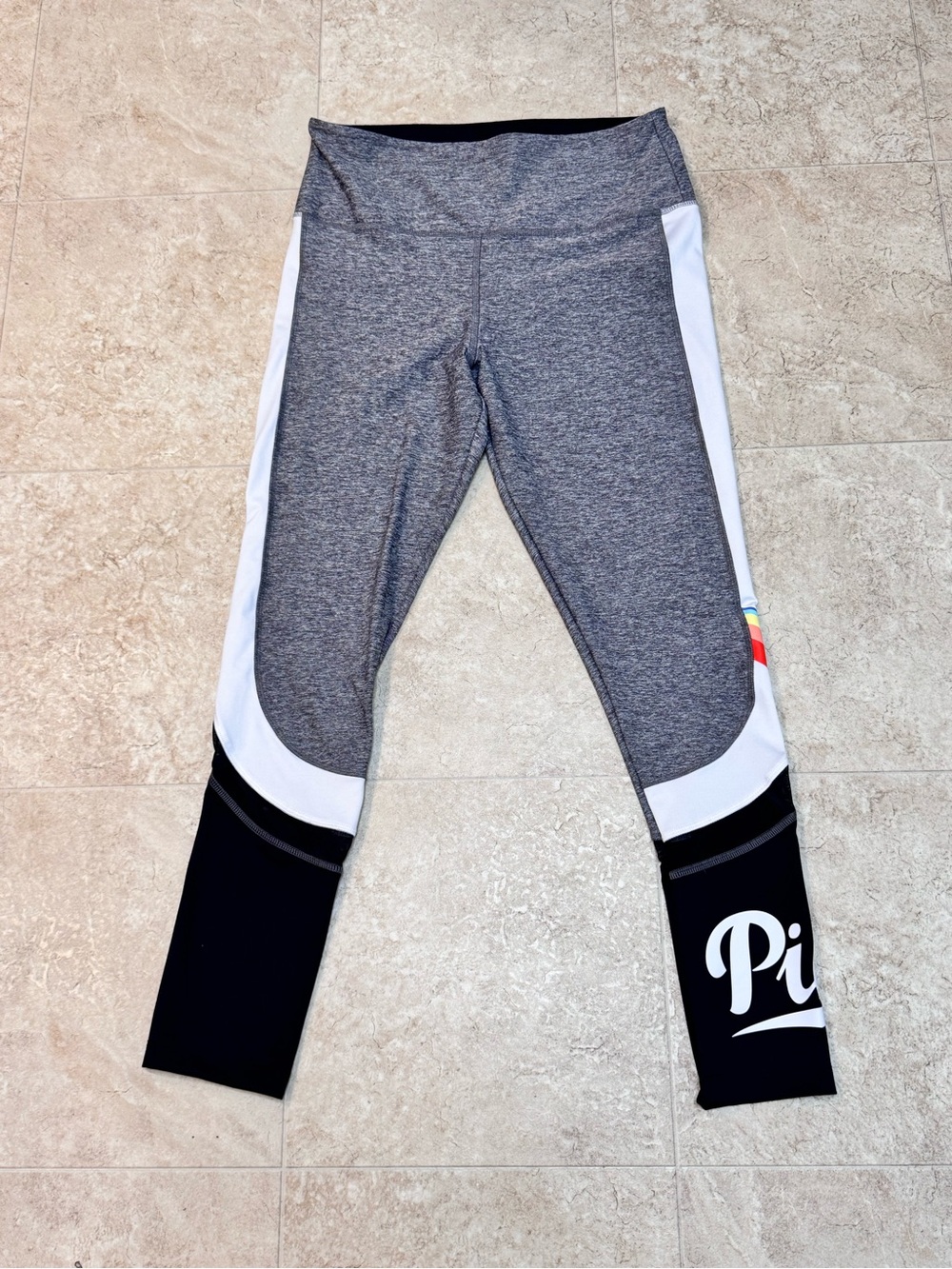 VS Pink Ultimate High Waist Rainbow Logo Mesh Athletic Leggings Black/Gray Large - Picture 3 of 8